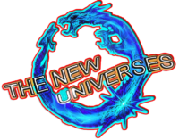 A glowing, circular blue dragon emblem with a fierce, open-mouthed dragon forming the top of the ring. The tail ends in a bright, star-like flare at the bottom right. The words "THE NEW UNIVERSES" are written diagonally across the center in bold, black, capitalized text. The background is transparent.